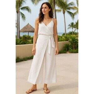 Newport News White Wrap Wide Leg Pants Linen Blend Size 12 High Rise Lagen Look